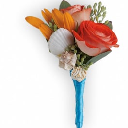 Boutonniere with orange and coral roses, shells, and blue ribbon wrap