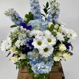 White daisies, pale blue hydrangeas, and cream roses arranged with blue delphinium in a clear glass vase.