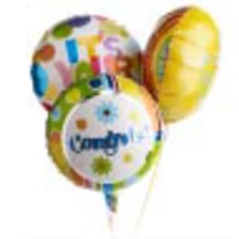 Three colorful balloons with a birthday message