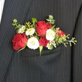 Pocket Square Boutonniere- Mixed Flower White & Red