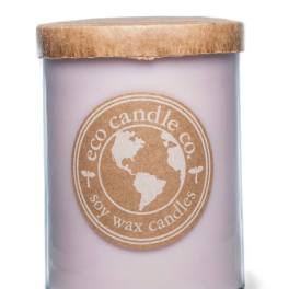 Lavender soy wax candle in a glass jar with a wooden lid