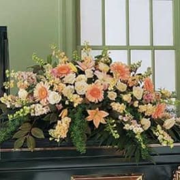 Pastel peach and cream roses, lilies, and gerbera daisies arranged as a casket spray