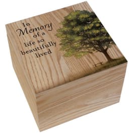 Wooden memorial box with a tree and remembrance text