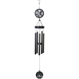Black memorial wind chime with a bird cutout and "In Loving Memory" plaque