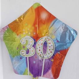 Rainbow star-shaped balloon with a "30" birthday design