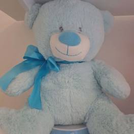 Light blue teddy bear with a blue ribbon bow