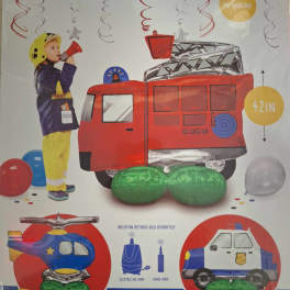 Package of three decorative air balloons shaped like vehicles and a child firefighter