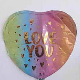Heart-shaped rainbow balloon with gold "LOVE YOU" text