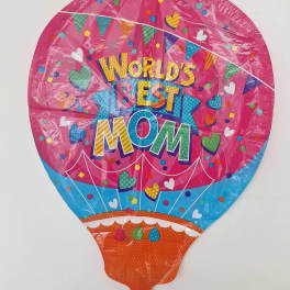 Pink balloon with "World's Best Mom" text and colorful hearts