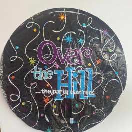 Round black foil balloon with colorful "Over the Hill" text