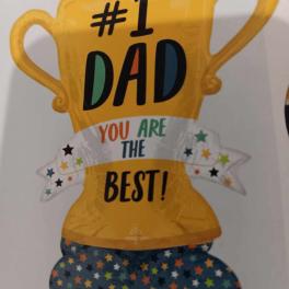 Yellow trophy-shaped balloon with "#1 DAD" and star-patterned base