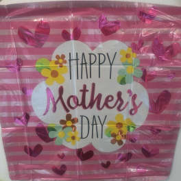 Pink Mother's Day gift bag with heart and flower graphics