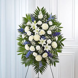 Deepest Sympathies Blue & White Standing Spray