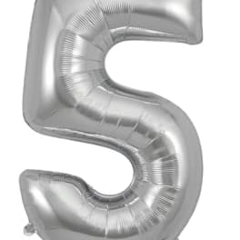 Silver foil balloon shaped like the number 5