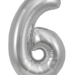 Silver foil balloon shaped like the number 6