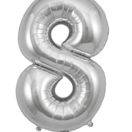 Silver number 8 foil balloon on a white background