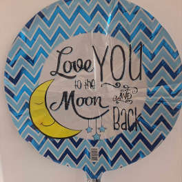 Round blue foil balloon with "Love You to the Moon and Back" text