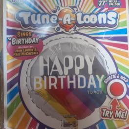 Packaged birthday mylar balloon with rainbow stripes and "Happy Birthday" text