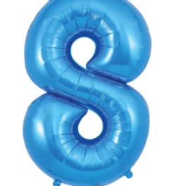 Blue number 8 foil balloon on a white background