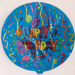 Round blue birthday balloon with colorful confetti and "Happy Birthday" text