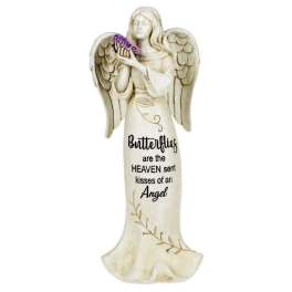 Angel figurine holding a purple butterfly with a memorial message