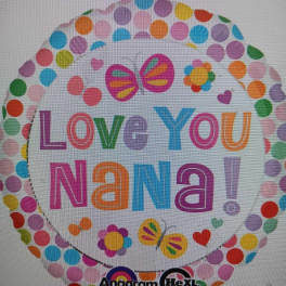 Round balloon with colorful polka dots and "Love You Nana!" text