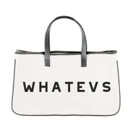 White tote bag with black handles and the word "WHATEVS" printed on it