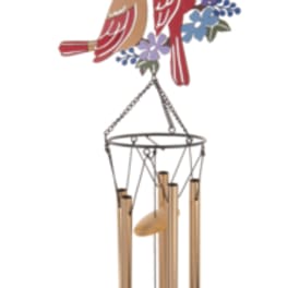 Hanging wind chime with two red birds and small flower accents