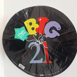 Black round balloon with colorful "the BIG 21" text