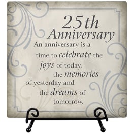 Decorative plaque reading "25th Anniversary" on a display stand