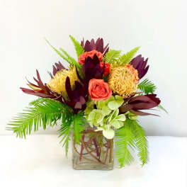 Tropical bouquet with coral roses and burgundy blooms in a square glass vase