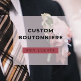 Boutonniere pinned to a suit jacket with text overlay.