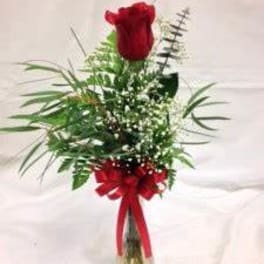 Red rose arrangement in a clear glass vase with a red ribbon