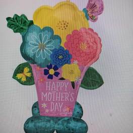 Mother's Day flower-shaped balloon bouquet with colorful blooms and a pink card