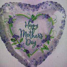 Heart-shaped balloon with purple flowers and "Happy Mother's Day" text