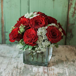 Red roses arranged in a square glass vase