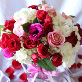 Bouquet of red, pink, and white roses with a pink ribbon