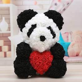 Panda-shaped rose arrangement with black, white, and red roses