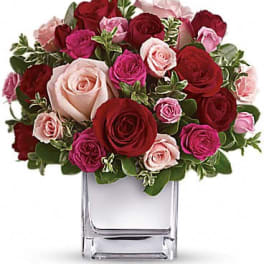 Short arrangement of red and pink roses in a clear glass cube vase