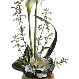 Tall white calla lily arrangement with sculptural foliage in a shallow wooden container