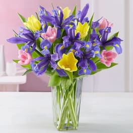 Bouquet of purple, yellow, and pink tulips in a clear glass vase