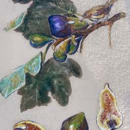 Abstract painting of dark green leaves and colorful bird-like forms on a light background