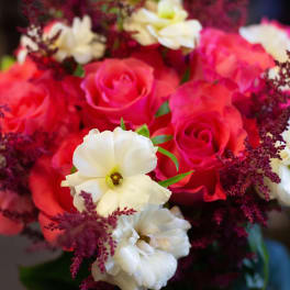 Bouquet of pink roses and white flowers with burgundy filler