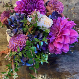 Bouquet of purple dahlias and blue hydrangeas with white blooms