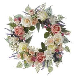 Floral wreath with pink and white roses and purple accents