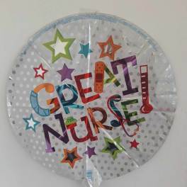 Round foil balloon with colorful "Great Nurse" text and stars