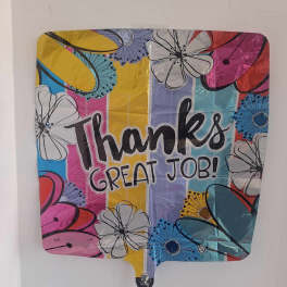 Colorful balloon with "Thanks Great Job!" text and floral graphics