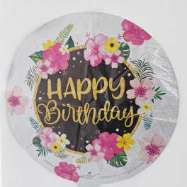 Round birthday balloon with pink and yellow floral print