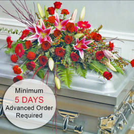 Red and pink casket spray of lilies and roses displayed on a silver casket
