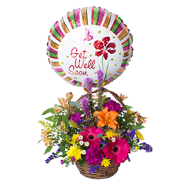 Colorful basket arrangement with mixed flowers and a Get Well Soon balloon